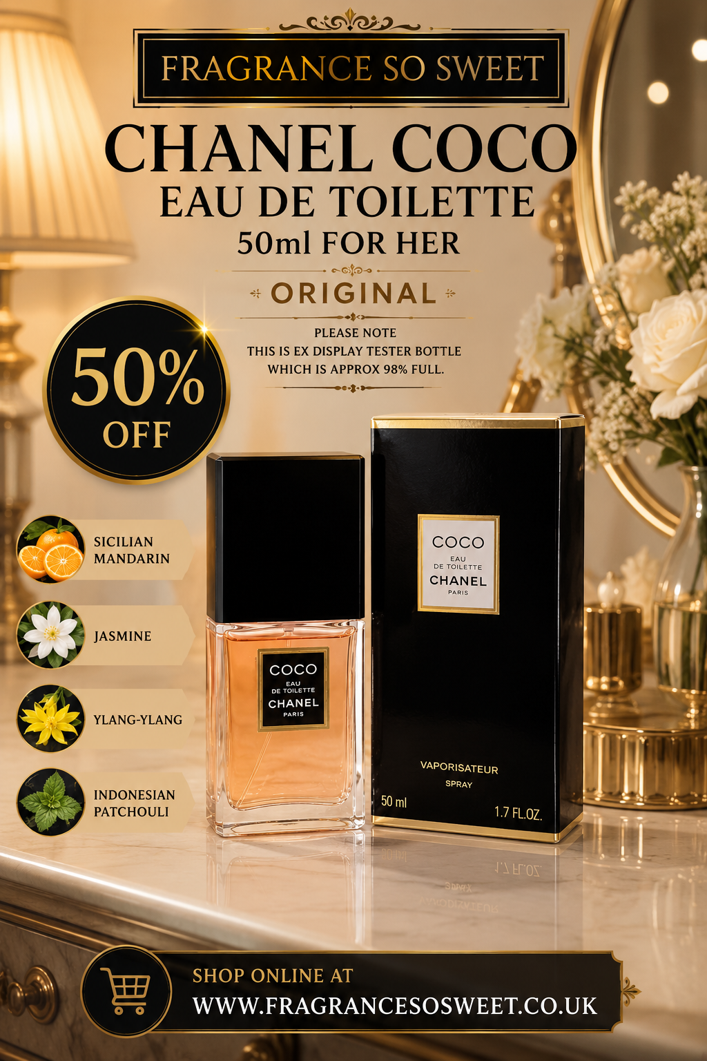 Coco Chanel Original 50ml EDT For Her, Ex Display Tester Perfume.