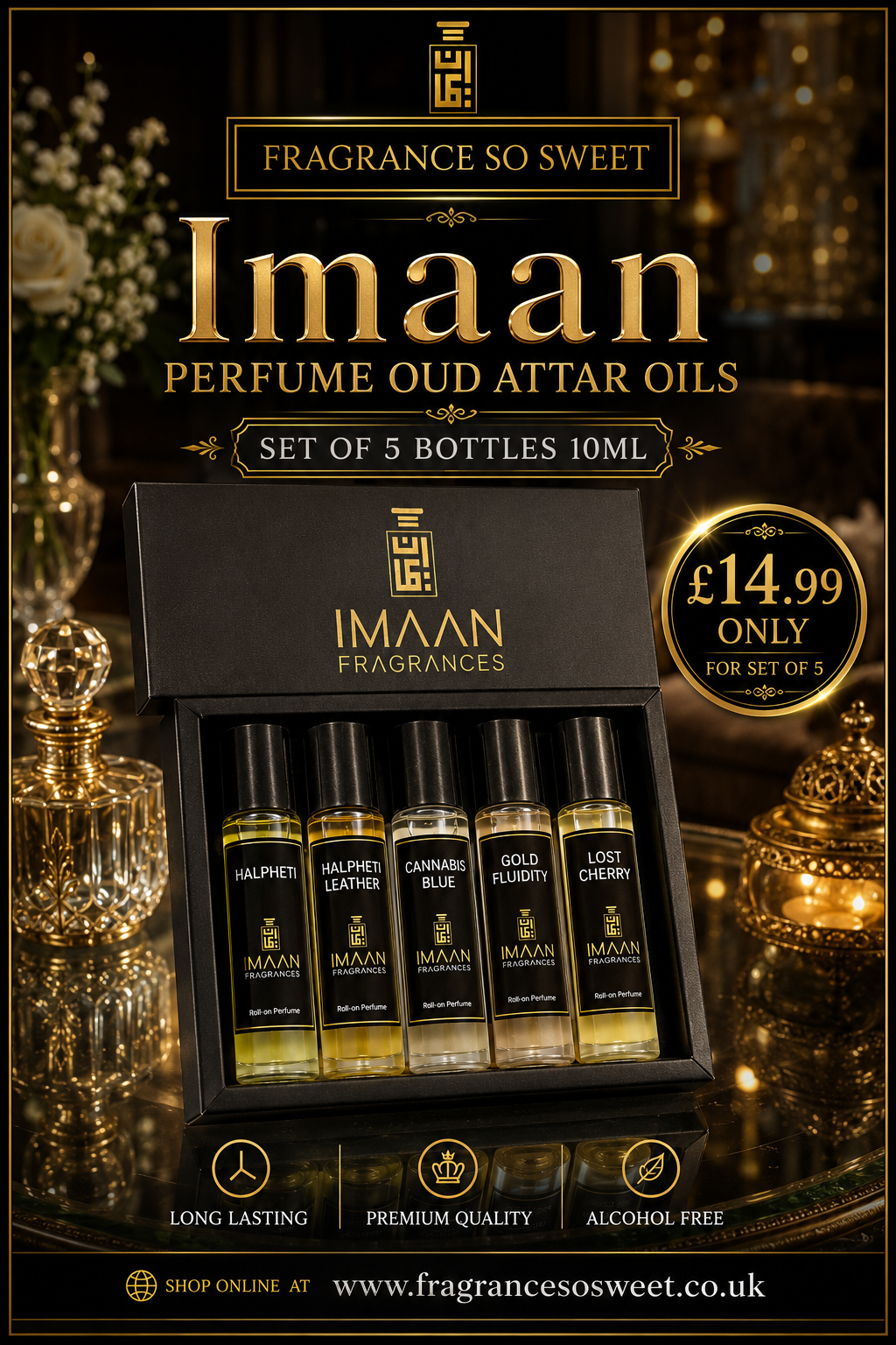 Imaan collection attar oils gift set of 5 roll on 10ml bottles.