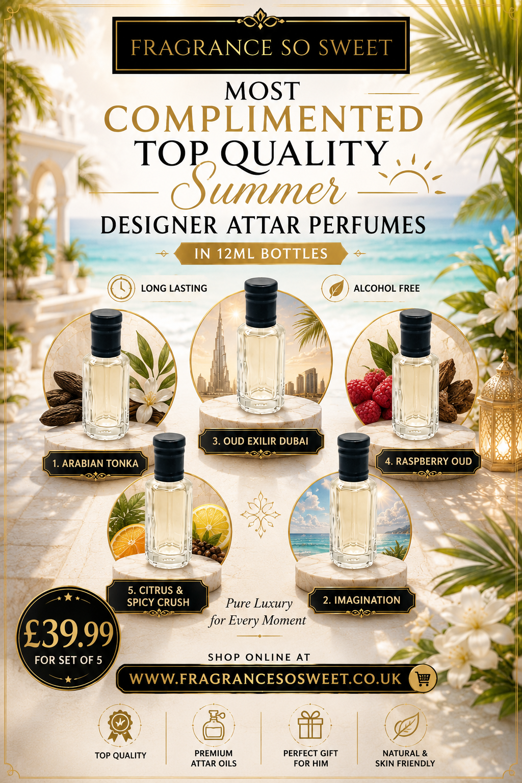 Complimented Designer Summer Attar Perfumes Set Of 5 in 12ml Bottles.