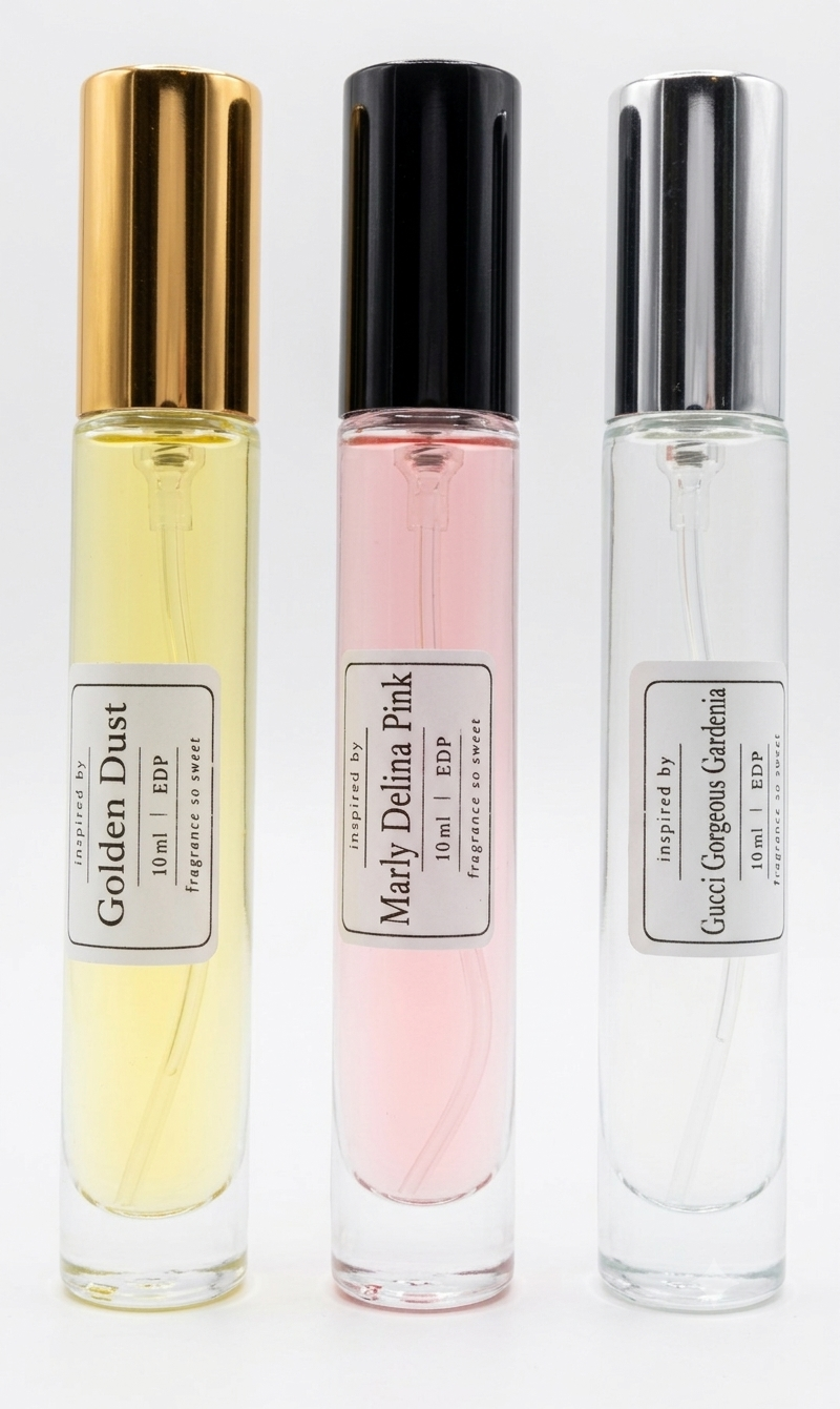 Inspired By Golden Dust, Gucci Gorgeous Gardenia & Marly Delina Pink 3 x 10ml EDP Bottles.