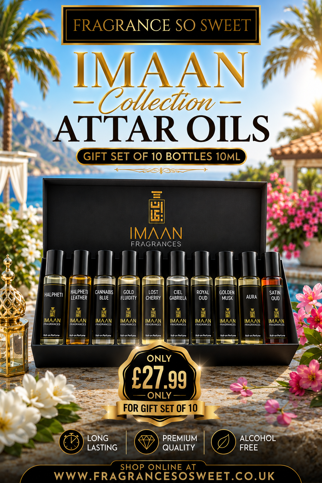 Imaan collection attar oils gift set of 10 roll on 10ml bottles.